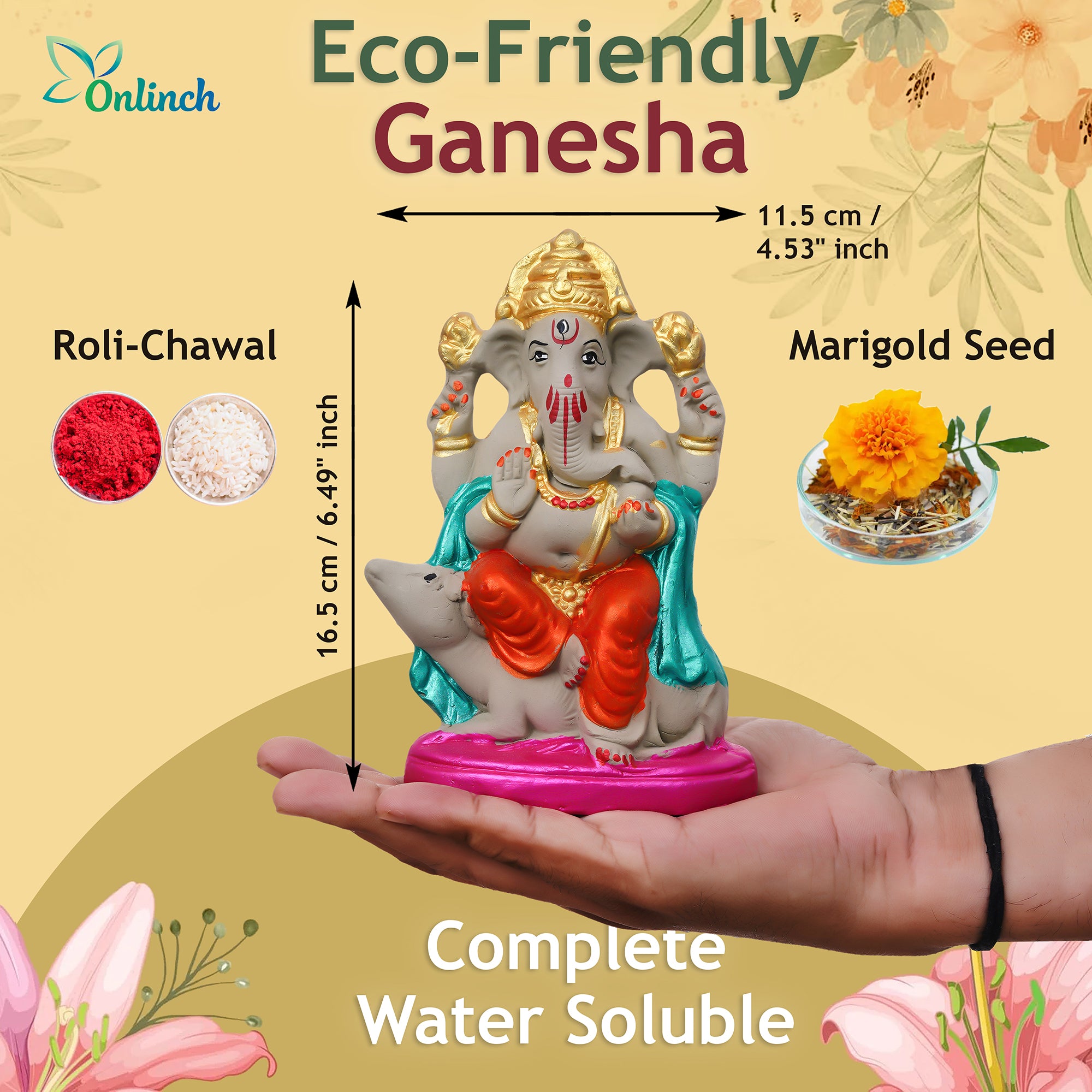 Eco-Friendly Clay Ganesh Idol 6 Inch | Water Soluble Handmade Ganpati Murti | Natural Mitti Ganesh for Ganesh Chaturthi Pooja complet water Soluble 100% kaccha ganesh idol