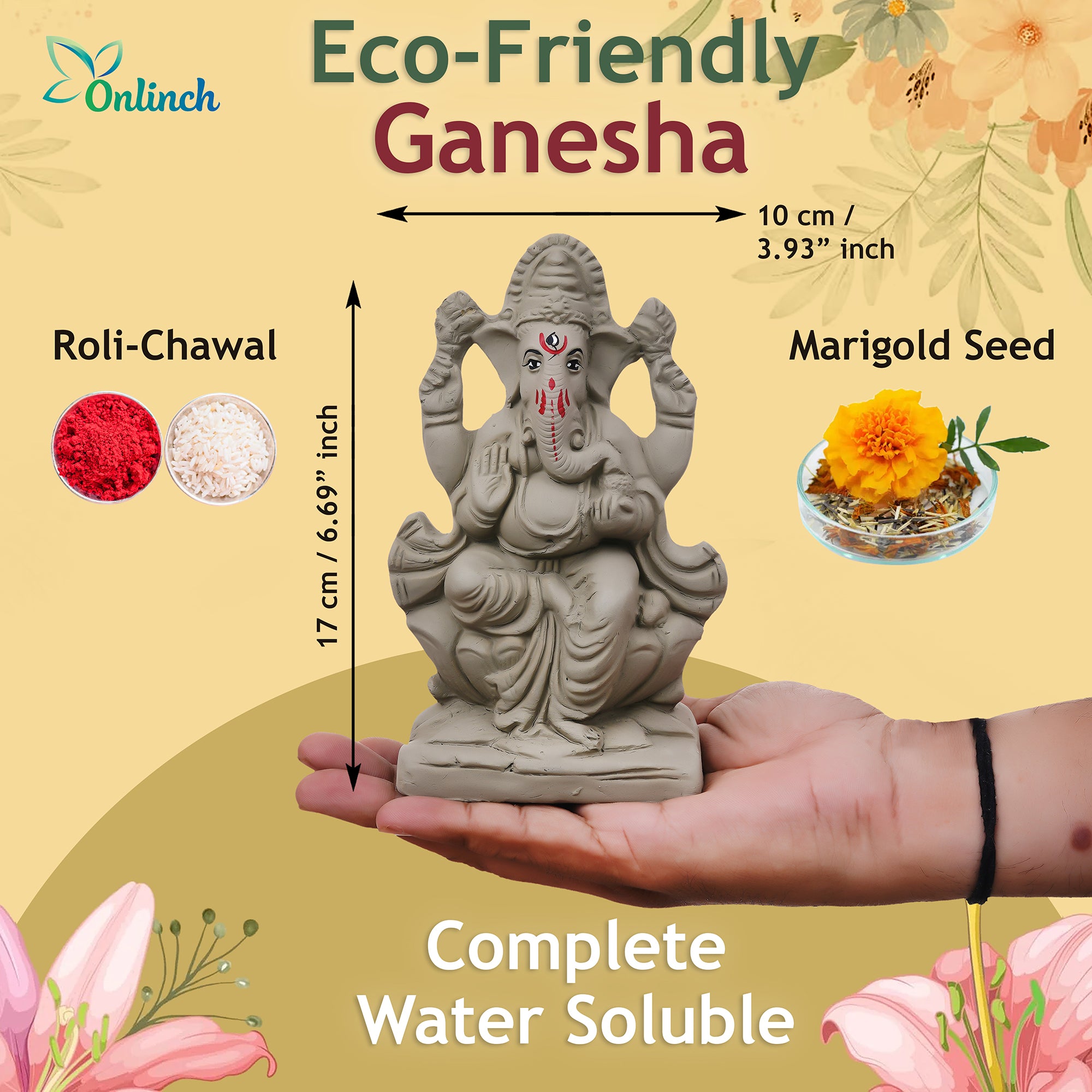 Eco-Friendly Clay Ganesh Idol 6 Inch | Water Soluble Handmade Ganpati Murti | Natural Mitti Ganesh for Ganesh Chaturthi Pooja complet water Soluble 100% kaccha ganesh idol