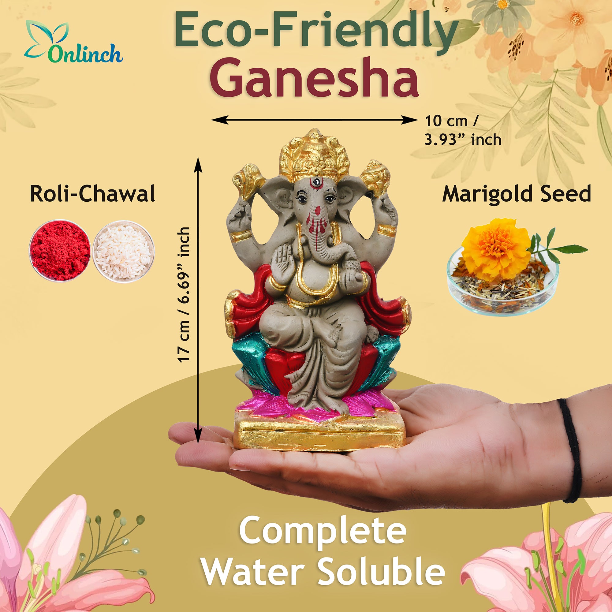 Eco-Friendly Clay Ganesh Idol 6 Inch | Water Soluble Handmade Ganpati Murti | Natural Mitti Ganesh for Ganesh Chaturthi Pooja complet water Soluble 100% kaccha ganesh idol