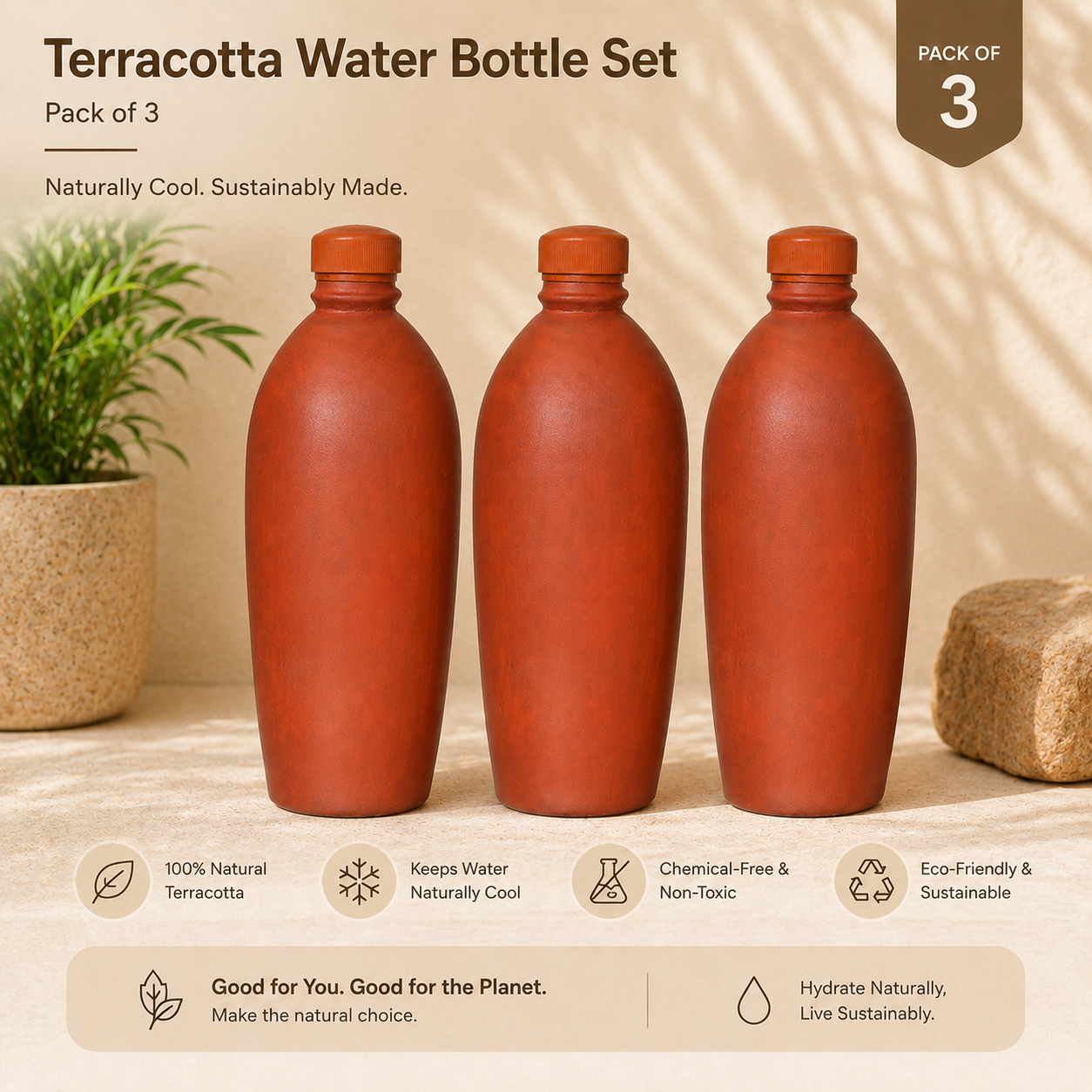 Clay Water Bottle Pack of 03