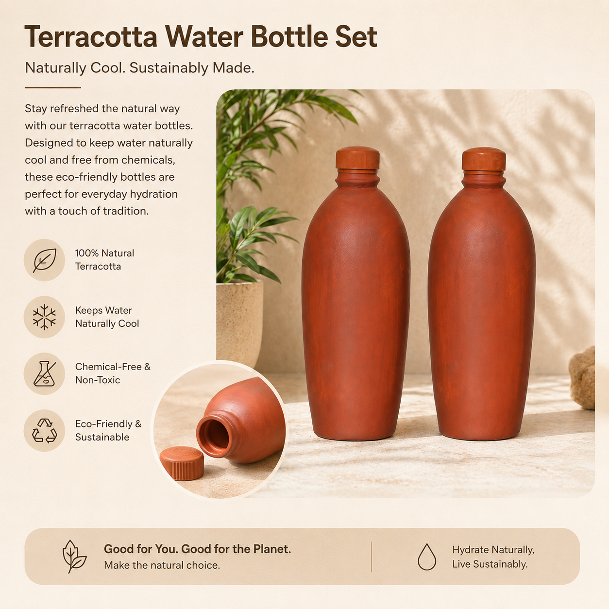 Pack Of 02 Clay Water Bottle